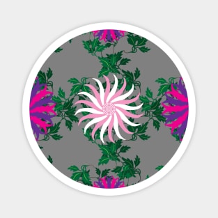 White and Pink, Cerise and Purple Flowers on a Vine Leaf and Mid-Grey background Magnet